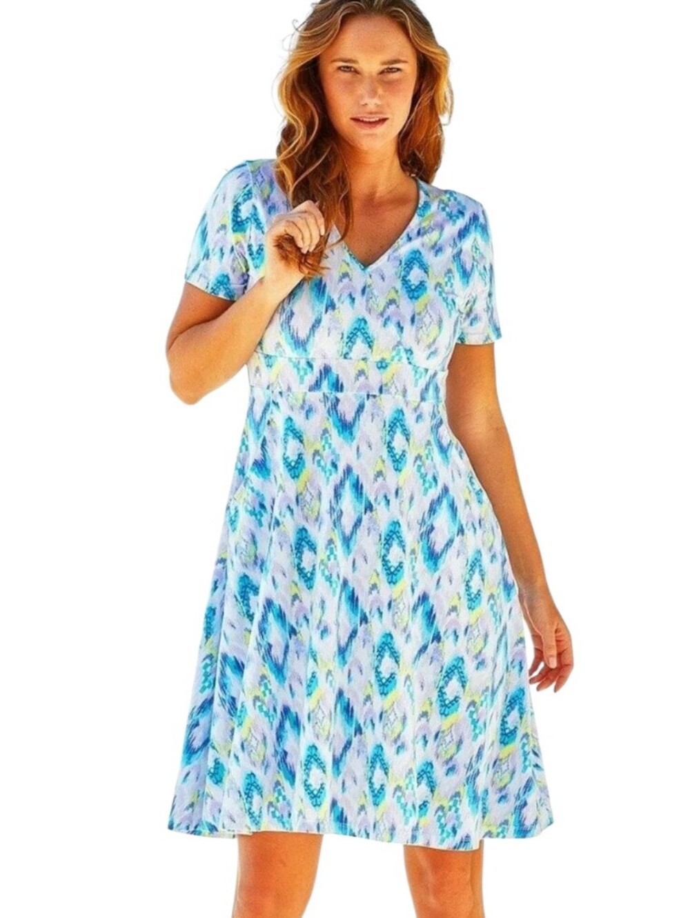 Fresh Produce Sunset Sky Savvy Dress with Pockets Size L Faux Wrap Bodice Summer